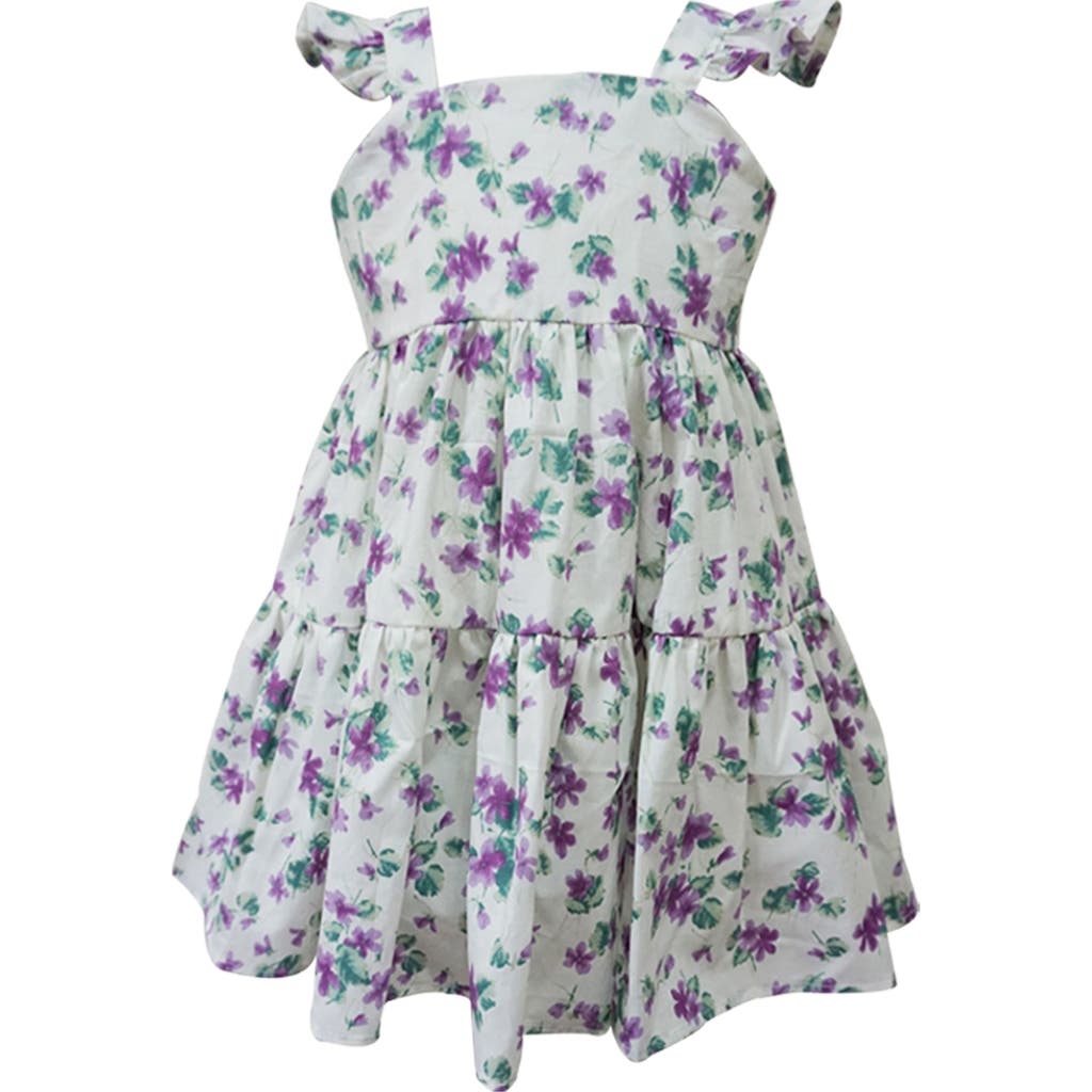 Popatu Kids' Lilac Floral Tiered Cotton Dress In Gray