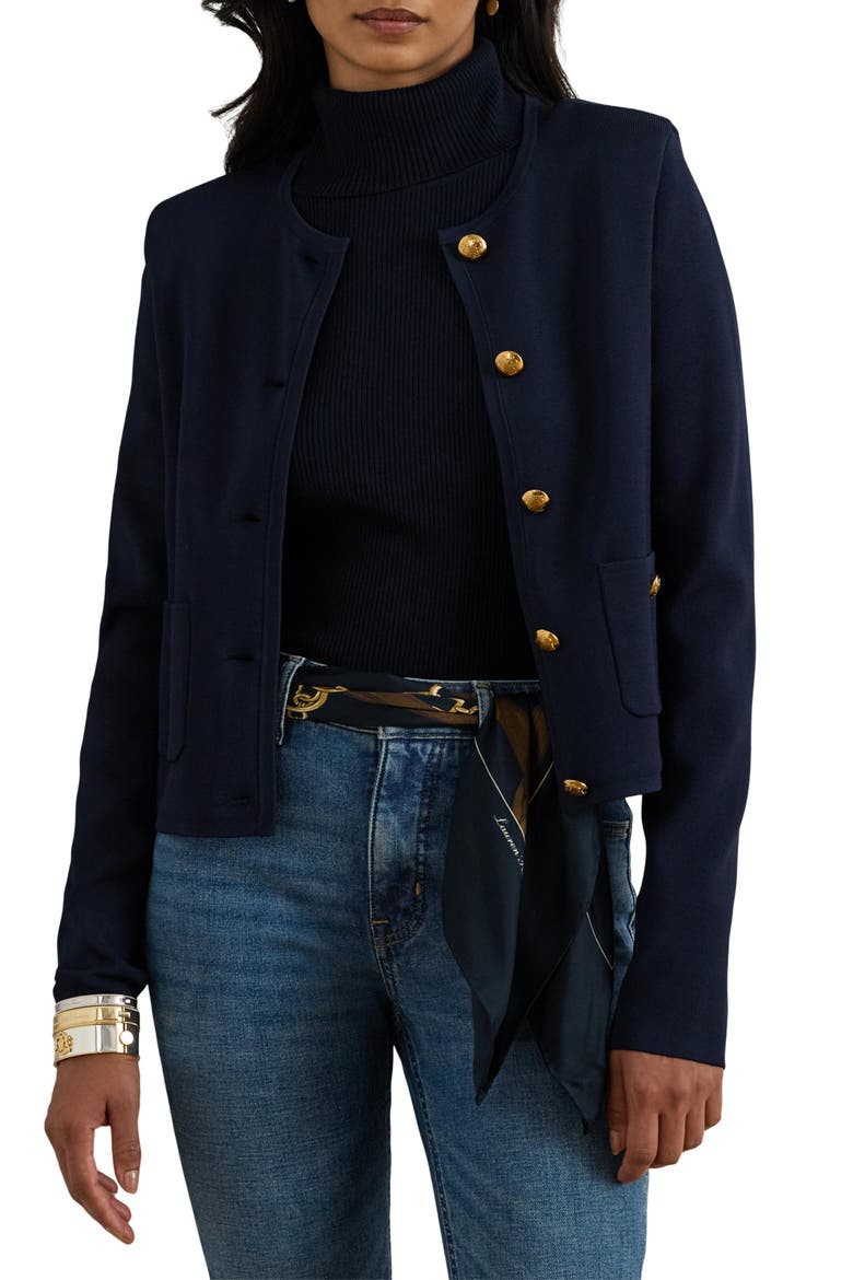Crewneck Crop Sweater Jacket, Main, color, LAUREN NAVY