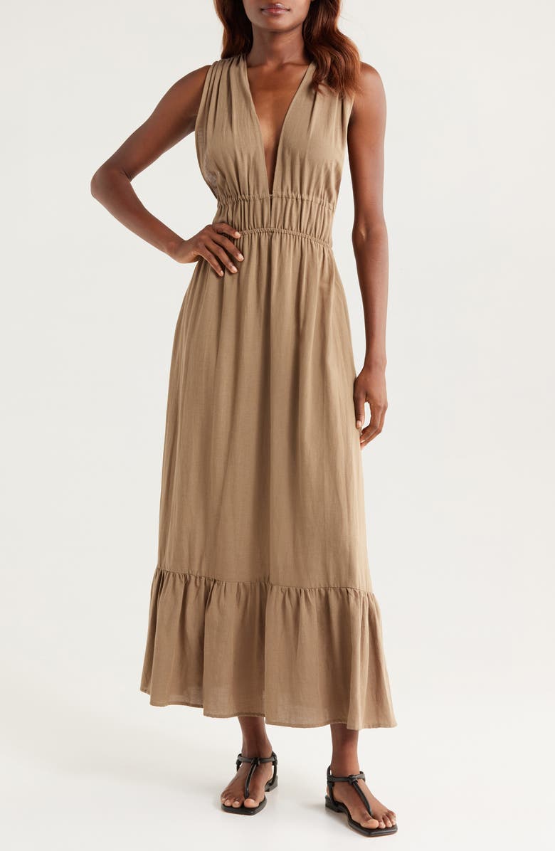 Nordstrom Ruched Plunge Maxi Cover-Up Dress, Main, color, Olive Covert