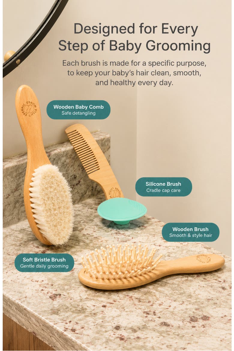 Wooden Baby Hair Brush with Soft Bristle and Comb Set, Alternate, color, Blue