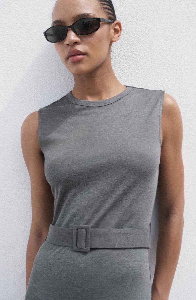 MANGO Belted Sleeveless Midi Dress, Alternate, color, Medium Heather Grey