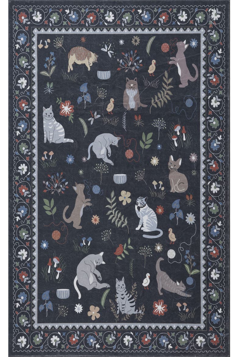 Catmosphere Festive Feline Floral Border Non-Slip Machine-Washable Rug, Alternate, color, Charcoal