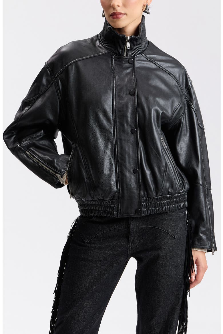 Funnel Neck Oversized Leather Bomber Jacket, Alternate, color, BLACK