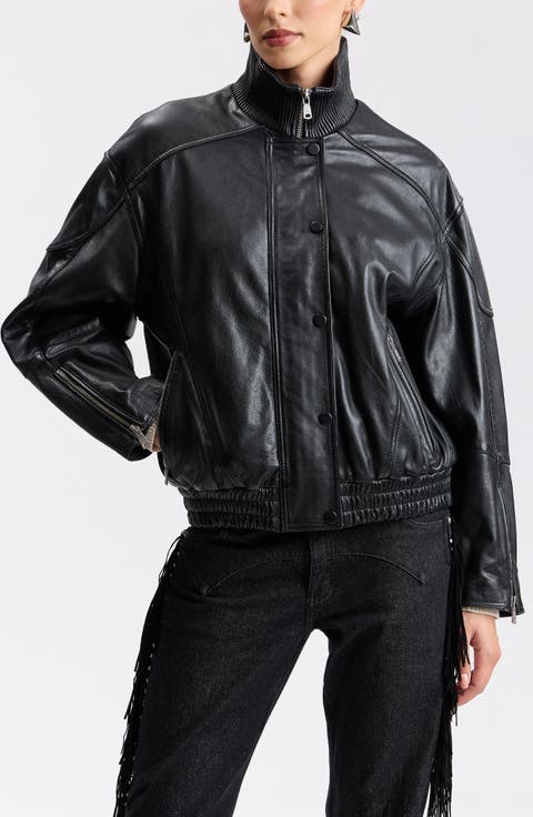 Funnel Neck Oversized Leather Bomber Jacket
