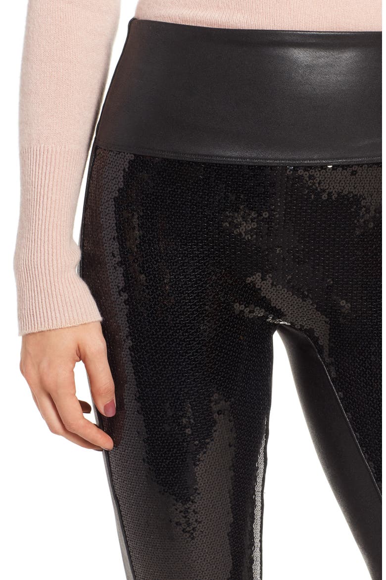 Sequin Faux Leather Leggings, Alternate, color, BLACK SEQUIN