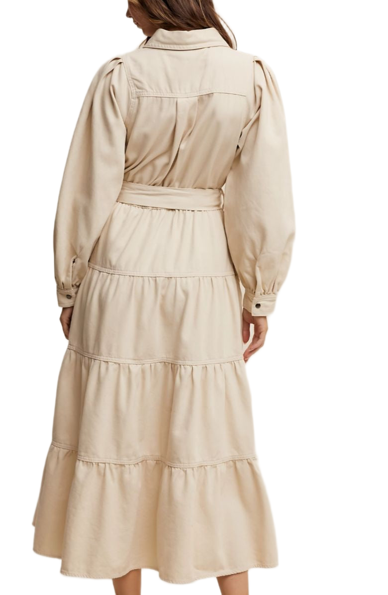 Knit and Lounge Tiered Belted Bishop Sleeve Maxi Shirt Dress, Alternate, color, Beige