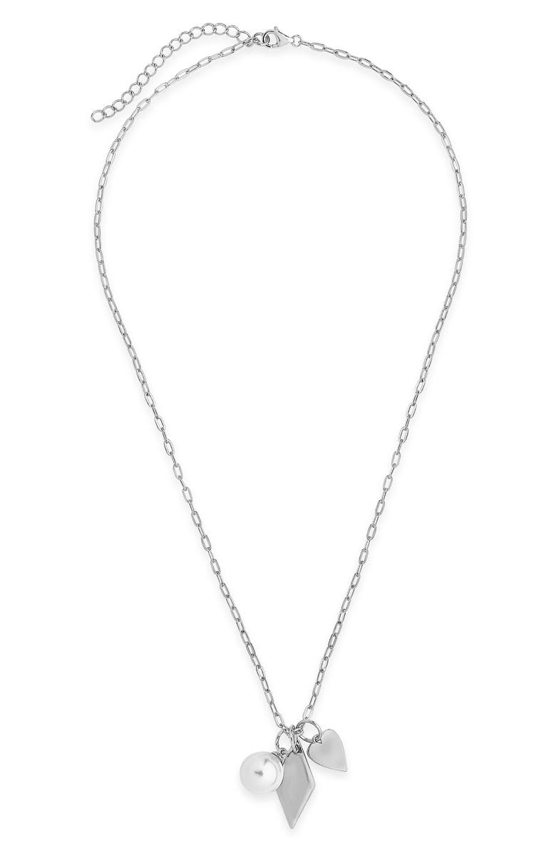Sterling Forever Imitation Pearl Charm Necklace, Main, color, 