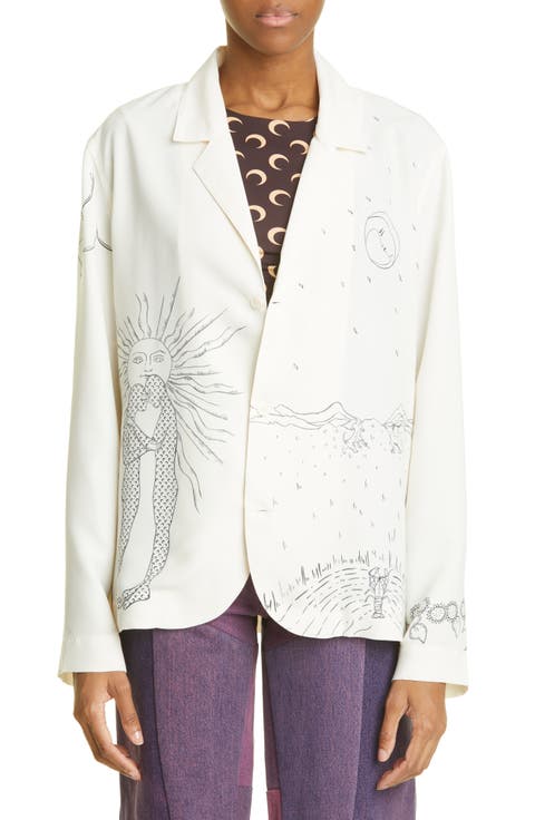 Unisex Lunar Reading Print Satin Blouse