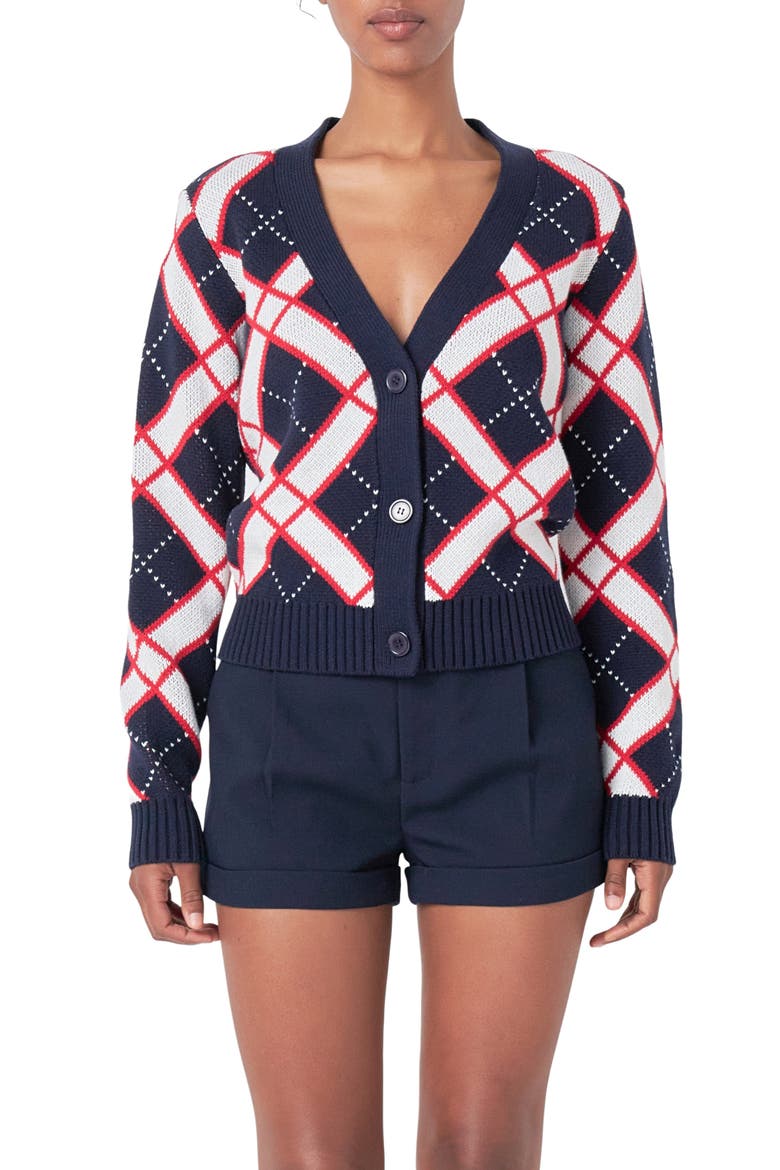 Diamond Pattern V-Neck Cardigan, Main, color, NAVY MULTI