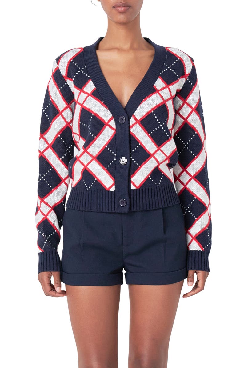 Endless Rose Diamond Pattern V-Neck Cardigan, Main, color, Navy Multi
