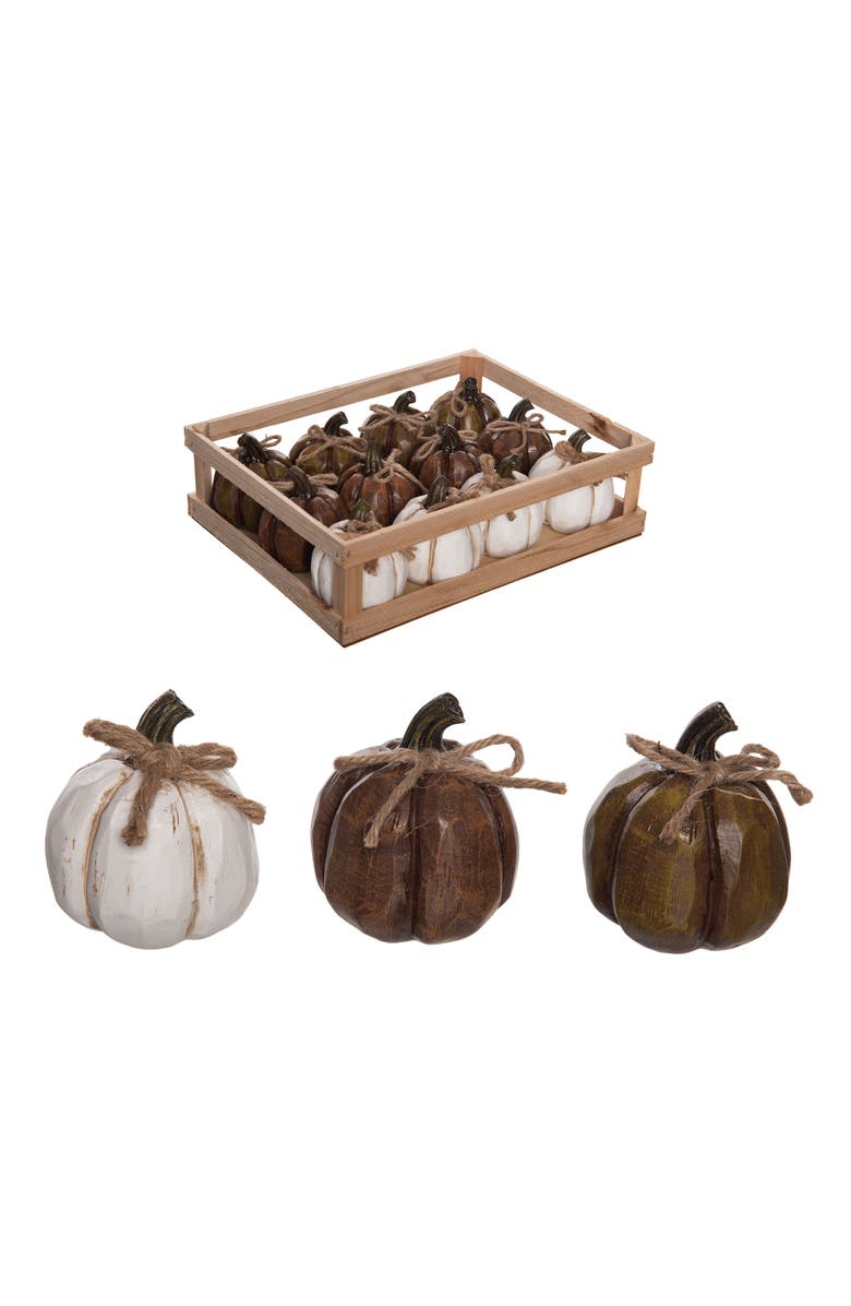 Transpac 12 Piece Multicolor Harvest Pumpkin Figurines Set in Crate, Main, color, Brown