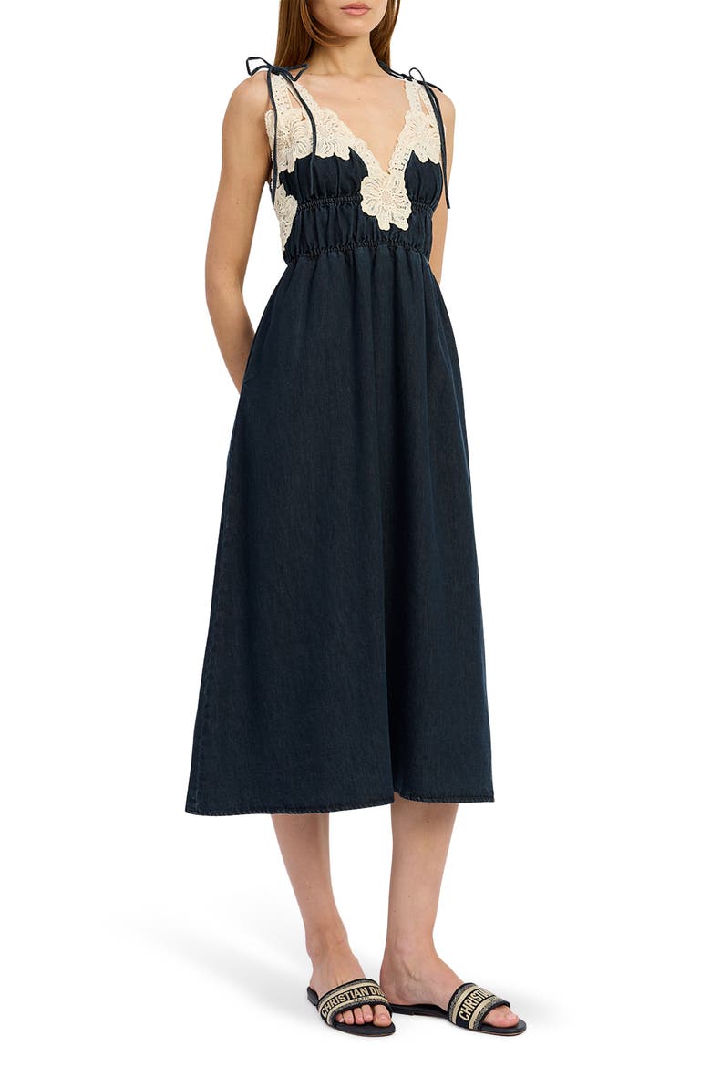 Natalia Lace Trim Shirred Midi Dress, Main, color, VINTAGE INDIGO