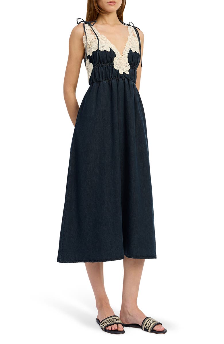 En Saison Natalia Lace Trim Shirred Midi Dress, Main, color, Vintage Indigo