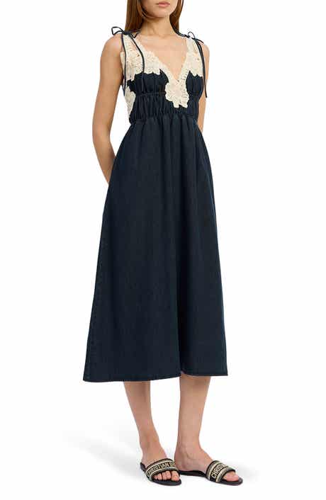 Natalia Lace Trim Shirred Midi Dress