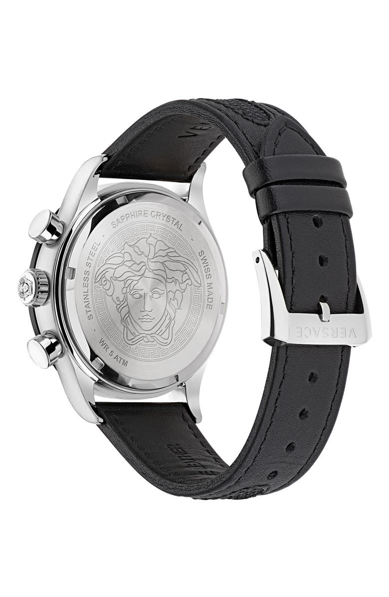 Versace Hellenyium Chronograph Leather Strap Watch, 44mm, Alternate, color, Stainless Steel