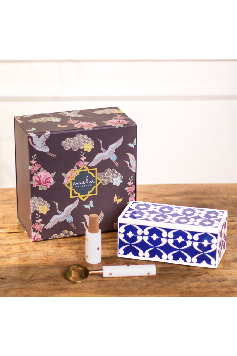 Lattice Bar Accessories Gift Set, Wooden Box with Bottle Opener & Stopper, Alternate, color, Lattice Blue