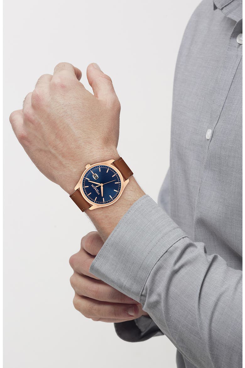 Oliver Leather Strap Watch, 41mm, Alternate, color, BLUE
