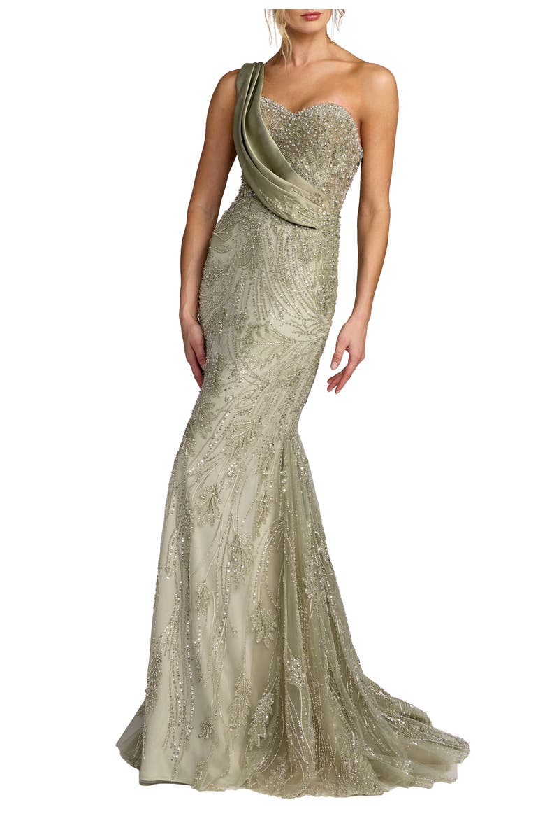 Mac Duggal Draped One Shoulder Embellished Mermaid Gown, Main, color, Sage
