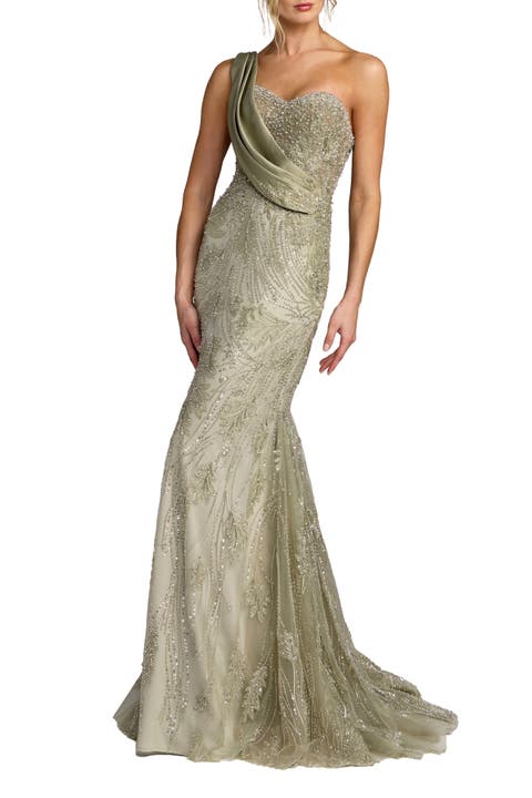 Draped One Shoulder Embellished Mermaid Gown