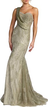 Mac Duggal Draped One Shoulder Embellished Mermaid Gown