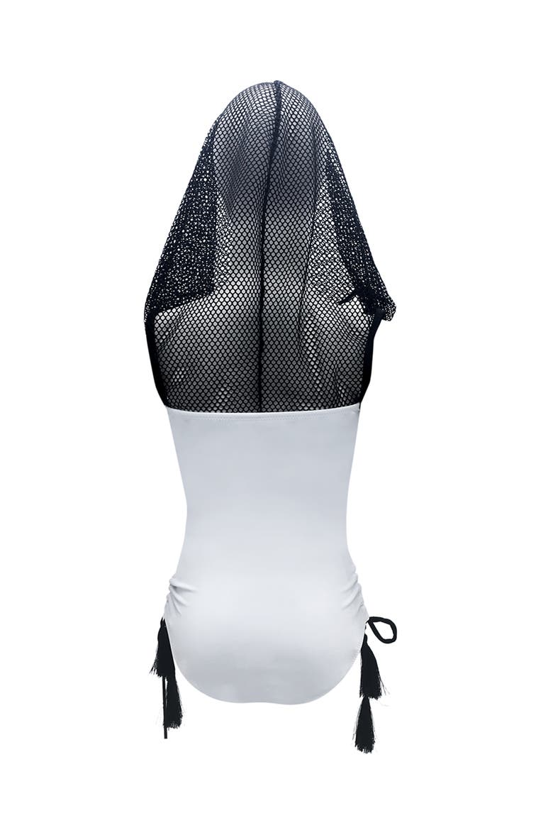 Sport Mesh Hooded with Tassel Side-Ties One-Piece Swimsuit,, Alternate, color, White
