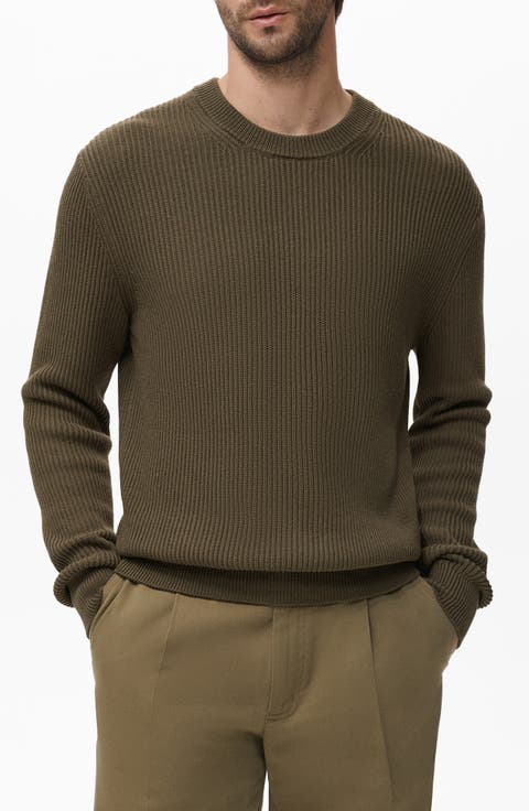 Fine Rib Knit Cotton Crewneck Sweater