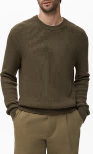 MANGO Fine Rib Knit Cotton Crewneck Sweater