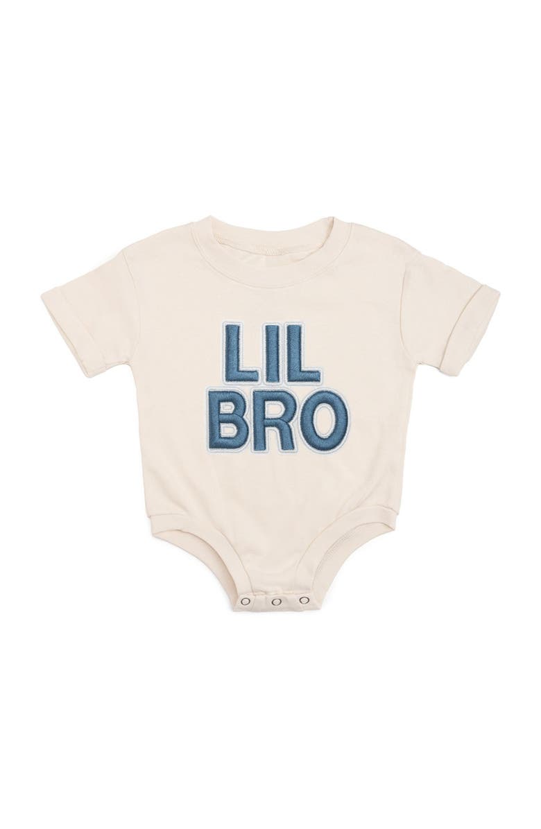 Sweet Wink Lil Bro Embroidered Patch Short Sleeve Romper, Main, color, Natural