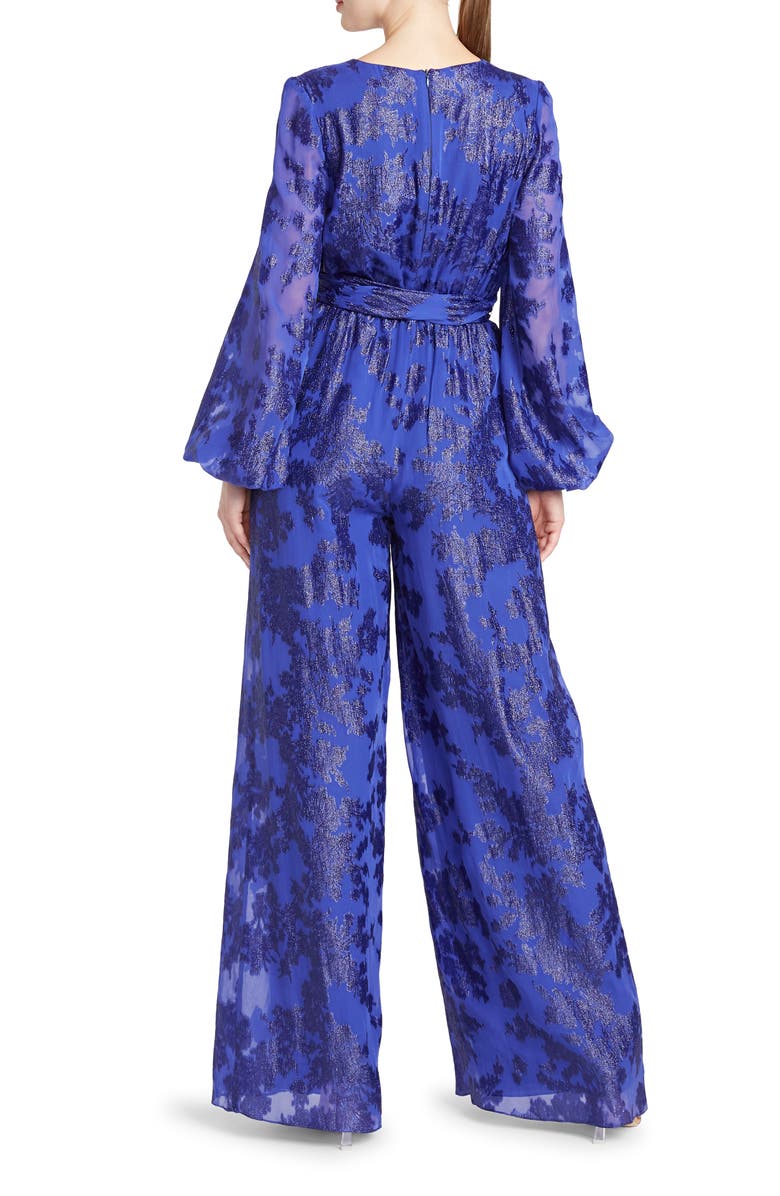 ML Monique Lhuillier Metallic Jacquard Long Sleeve Silk Blend Jumpsuit, Alternate, color, 
