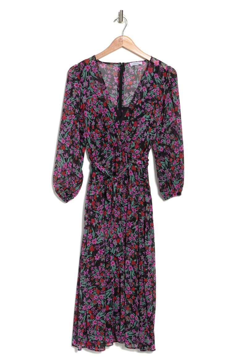 Ditsy Floral Print Tie Waist Dress, Alternate, color, BLACK MULTI