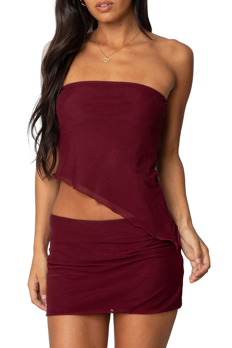 Vivi Strapless Asymmetric Mesh Top, Main, color, BURGUNDY