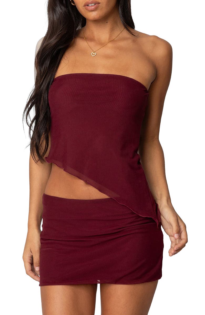EDIKTED Vivi Strapless Asymmetric Mesh Top, Main, color, Burgundy