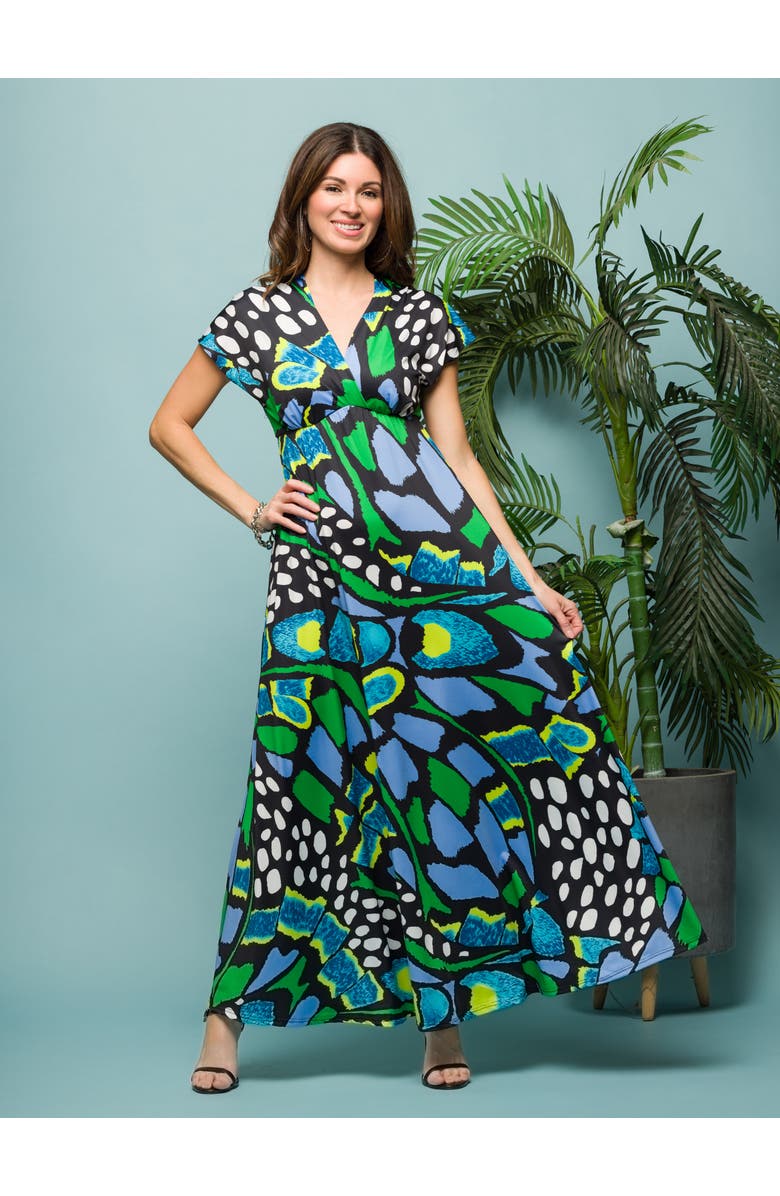 24seven Comfort Apparel Blue Butterfly Print V Neck Empire Waist Cap Sleeve Maxi Dress, Alternate, color,