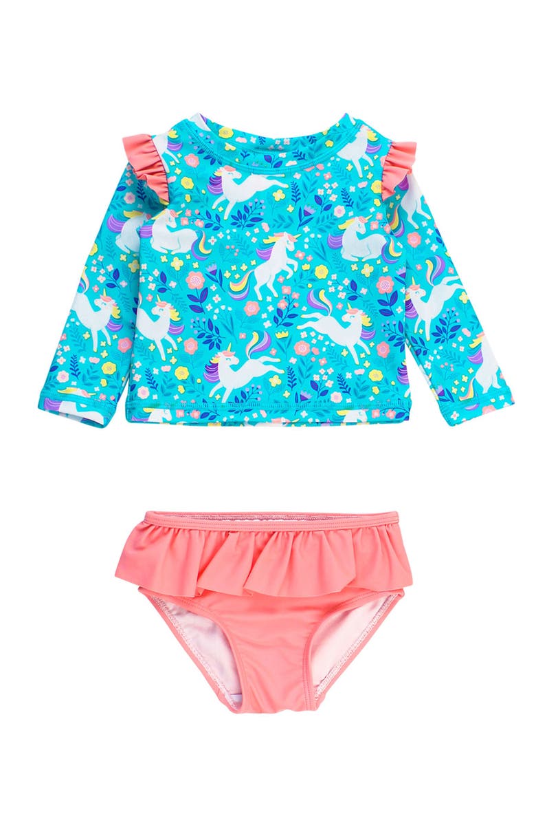 RuffleButts Baby/Toddler Girls UPF50+ Sun Protected Skirted Flutter Long Sleeve Rash Guard Bikini, Main, color, Bright Aqua Unicorn Meadow
