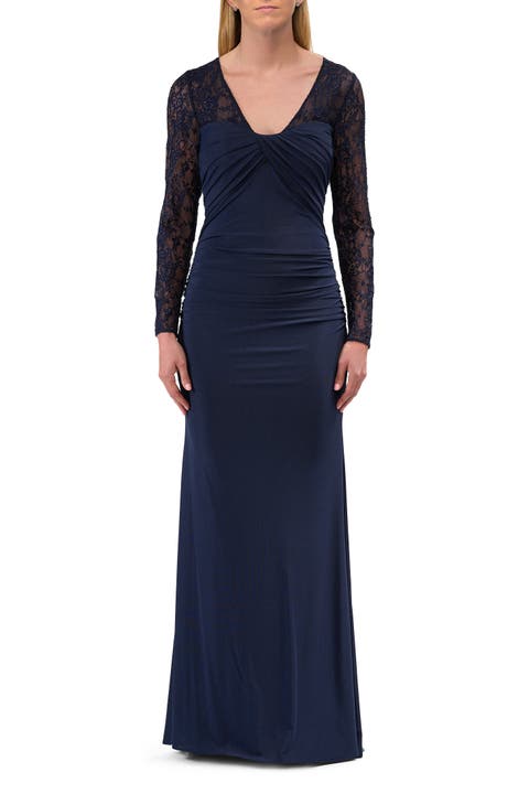 Long Sleeve Evening Dress with Ruching and Lace Details