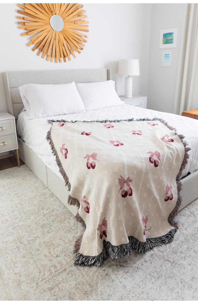 Deny Designs Emanuela Carratoni Coquette Cherry Fringe Throw Blanket, Alternate, color, Beige Cherry