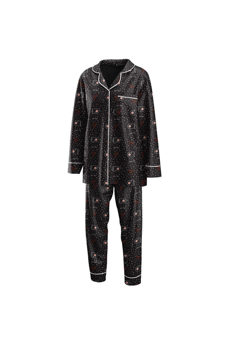 Women's WEAR by Erin Andrews Black Philadelphia Flyers Long Sleeve Button-Up Shirt & Pants Sleep Set, Main, color, Black