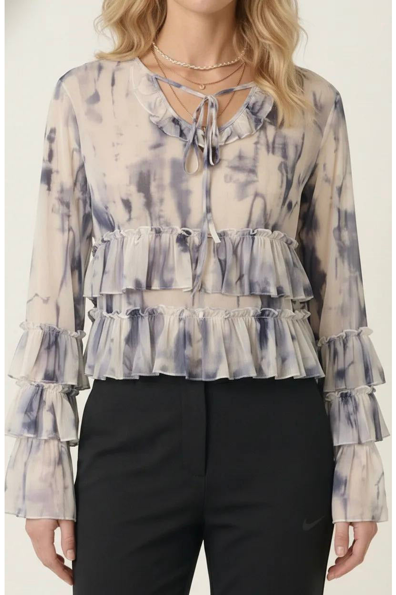 Ruffle Blouse with Tie Neck Detail, Main, color, Cream / Charcoal