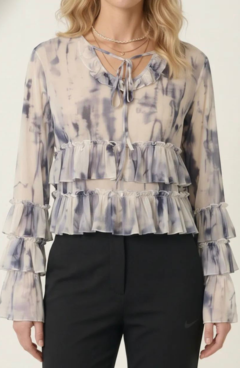 Ruffle Blouse with Tie Neck Detail