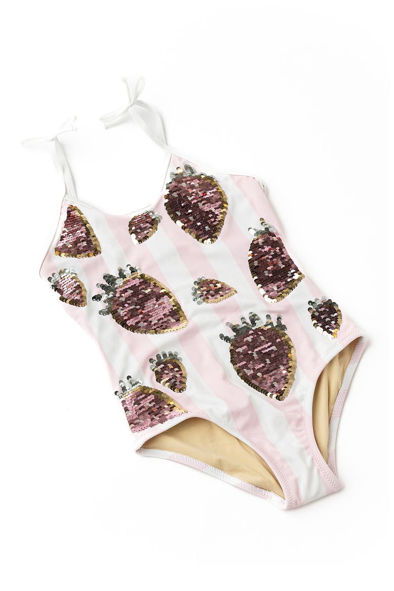 Kids' Summer Strawberry Sequin Stripe UPF 50+ One-Piece Swimsuit, Alternate, color, PINK