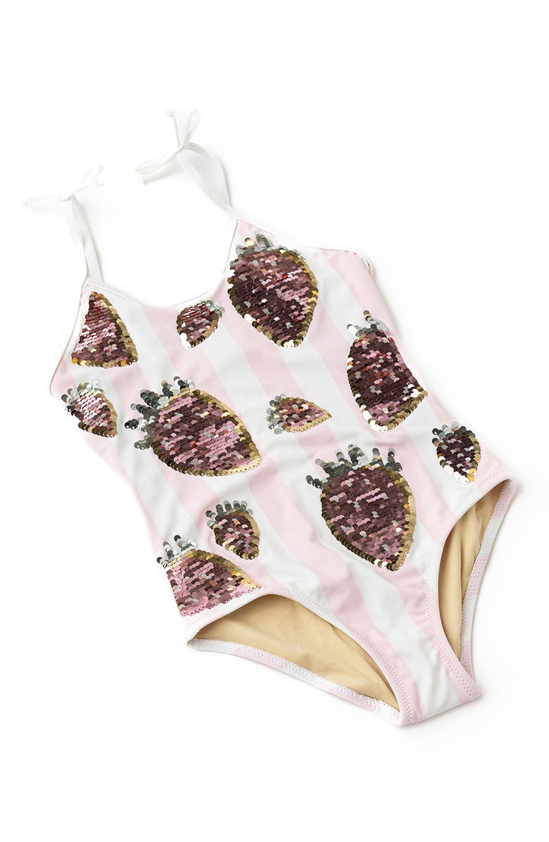Shade Critters Kids' Summer Strawberry Sequin Stripe UPF 50+ One-Piece Swimsuit, Alternate, color, Pink