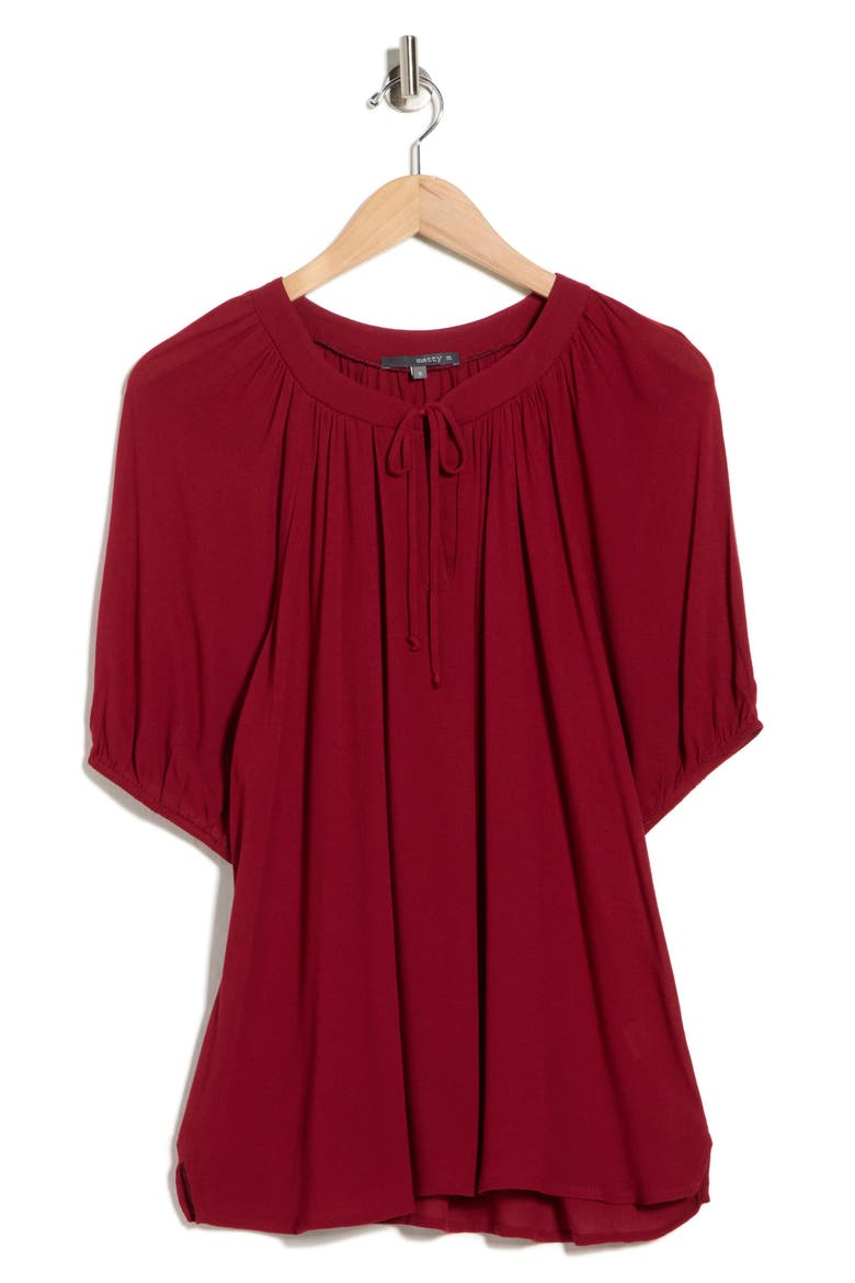 Raglan Sleeve Tie Neck Top, Alternate, color, CABERNET