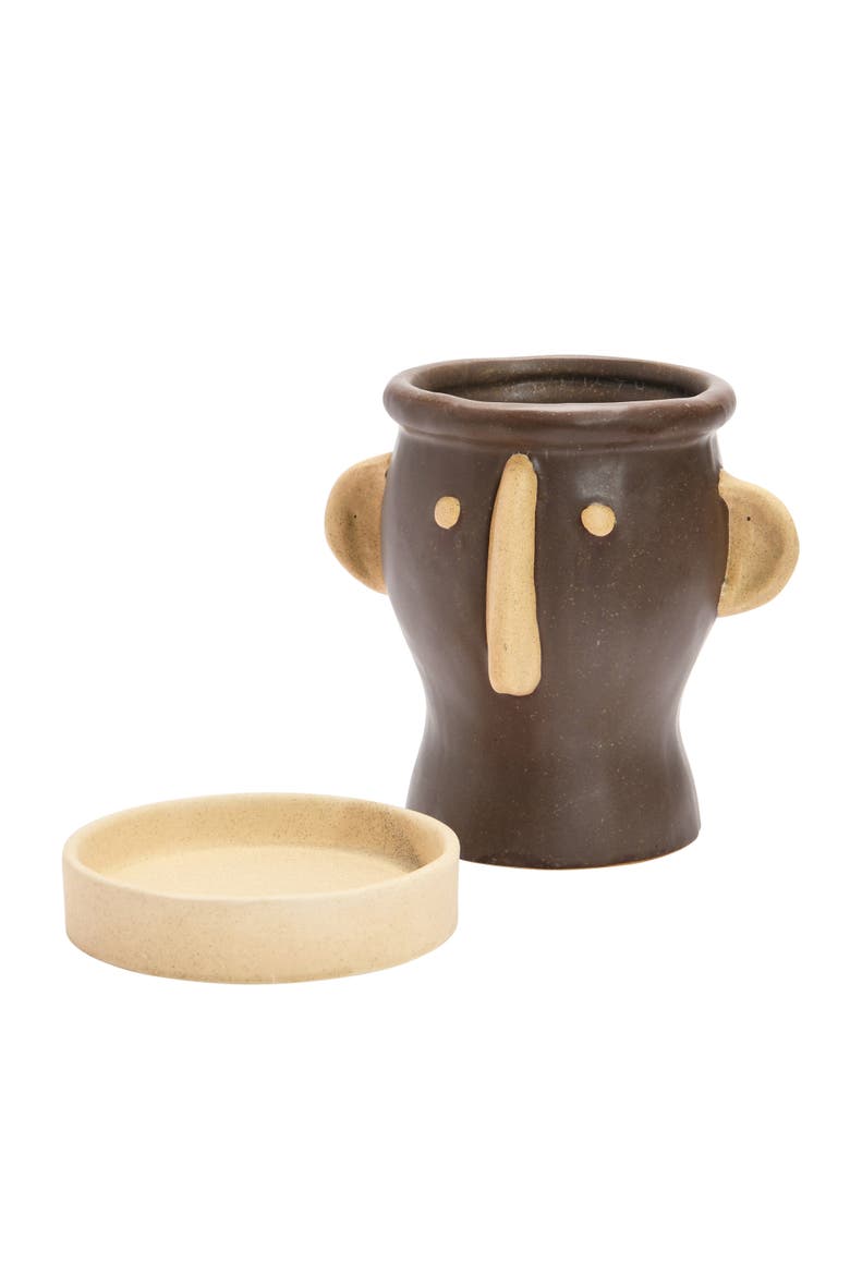 Creative Co-Op Stoneware Face Planter with Saucer, Matte Black and Cream, Alternate, color, Brown