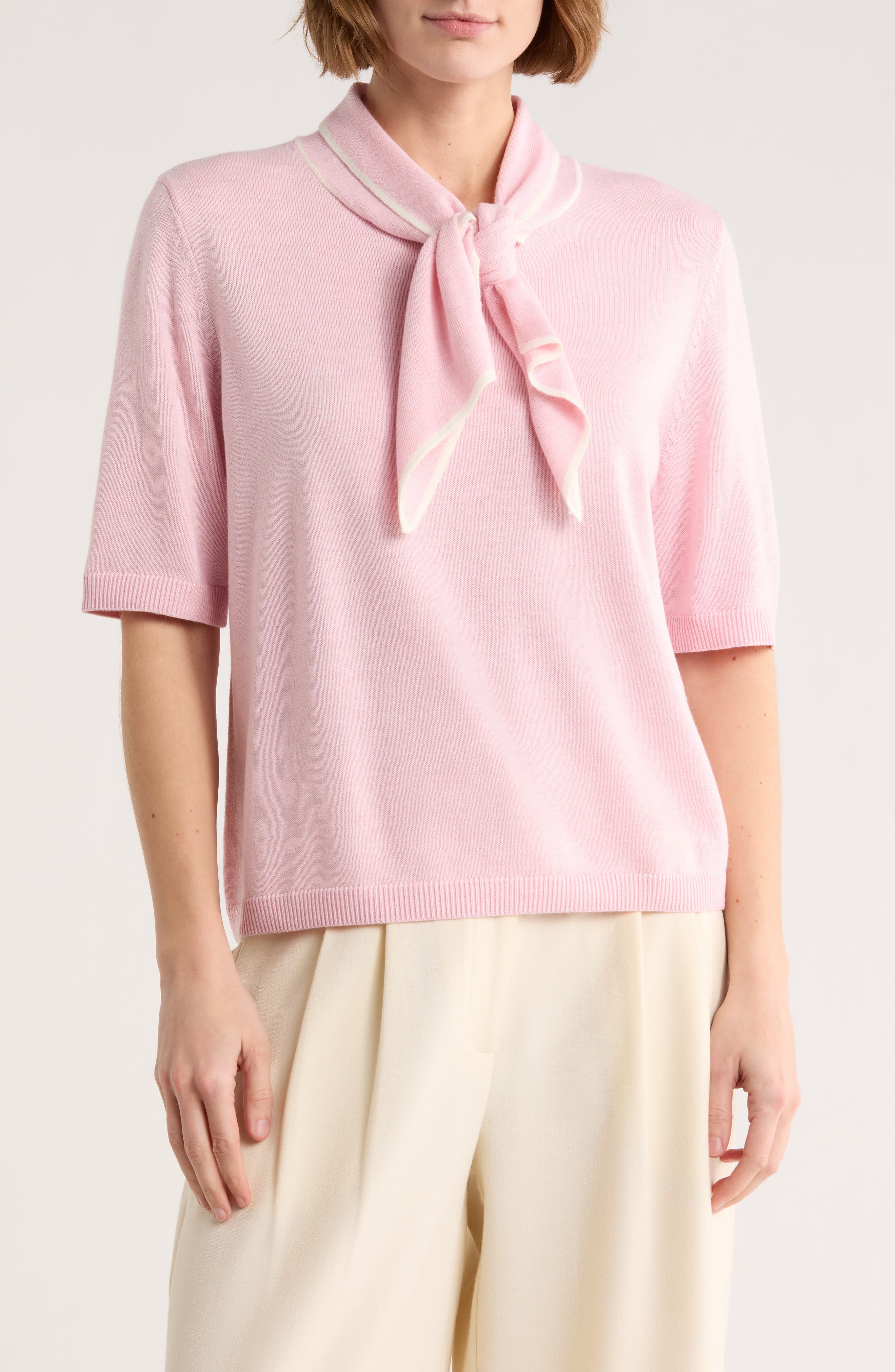 Halogen® Tipped Tie Neck Short Sleeve Sweater