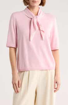 Halogen® Tipped Tie Neck Short Sleeve Sweater