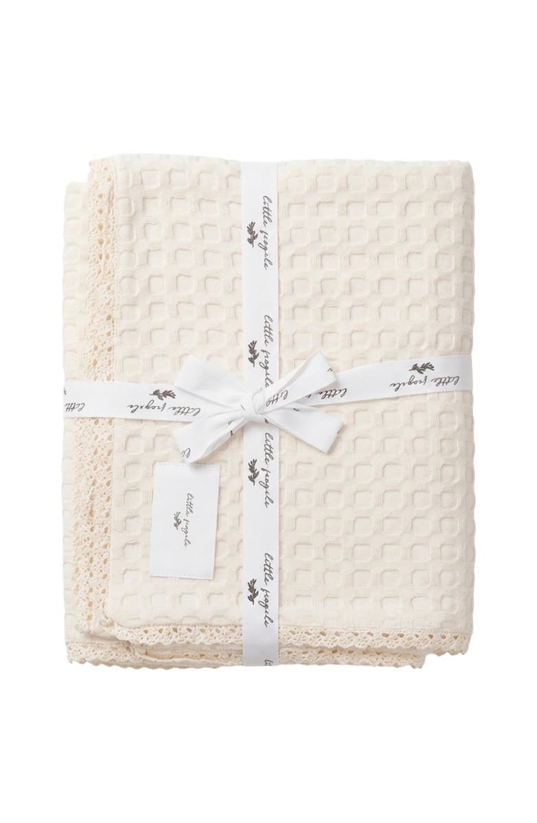 Little Fragile Textured Waffle Lace Trim Cotton Blanket, Main, color, Vanilla