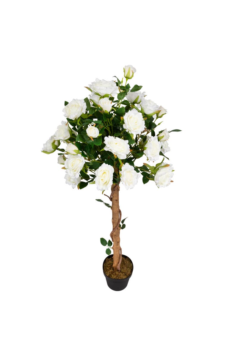 Northlight Potted Floral Artificial Roses in Bloom Garden Tree - White - 4', Alternate, color, Green