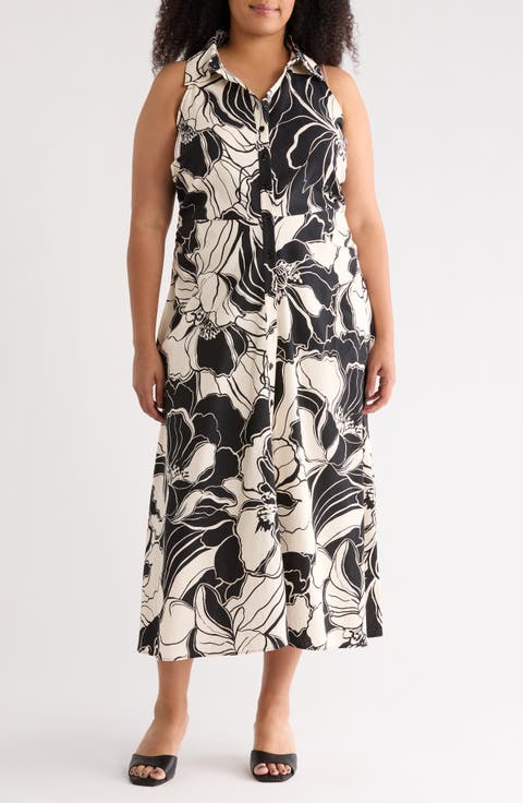 Floral Side Ruched Linen Blend Midi Dress (Plus)