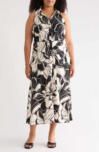 London Times Floral Side Ruched Linen Blend Midi Dress