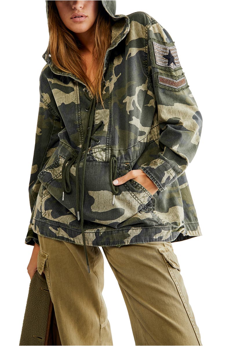 Free People Ember Military Cotton Pullover, Main, color, Olive Combo